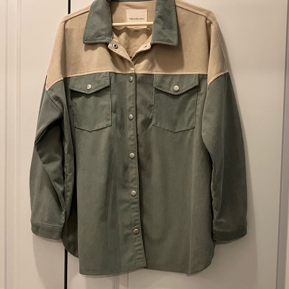 Thread & Supply western-style sage and cream shacket